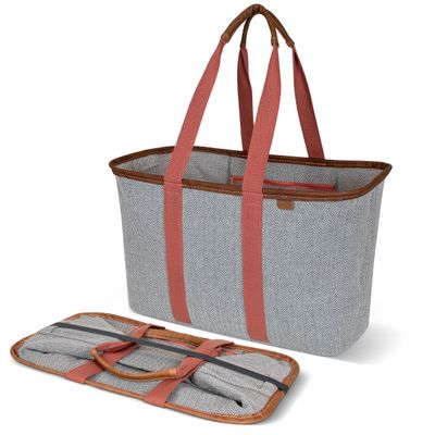 CleverMade Collapsible LUXE Tote - Rose Herringbone 1 Pack 30L / 8 Gal - Reusable Grocery Shopping Storage Bag Organizer w/ Handles Reinforced Bottom