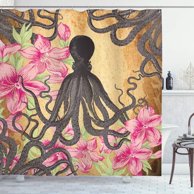 Ambesonne Octopus Shower Curtain, Kraken Roses Leaves Tentacles Vintage Antiqued Sea Life Theme, Cloth Fabric Bathroom Decor Set with Hooks, 69" W x 75" L, Pale Brown Pink