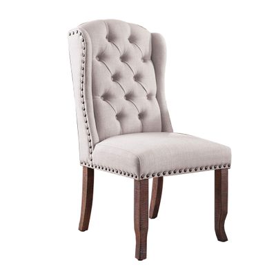 Benjara Benzara Fabric Upholstered Chair with Button Tufting, Pack of Two, White and Brown