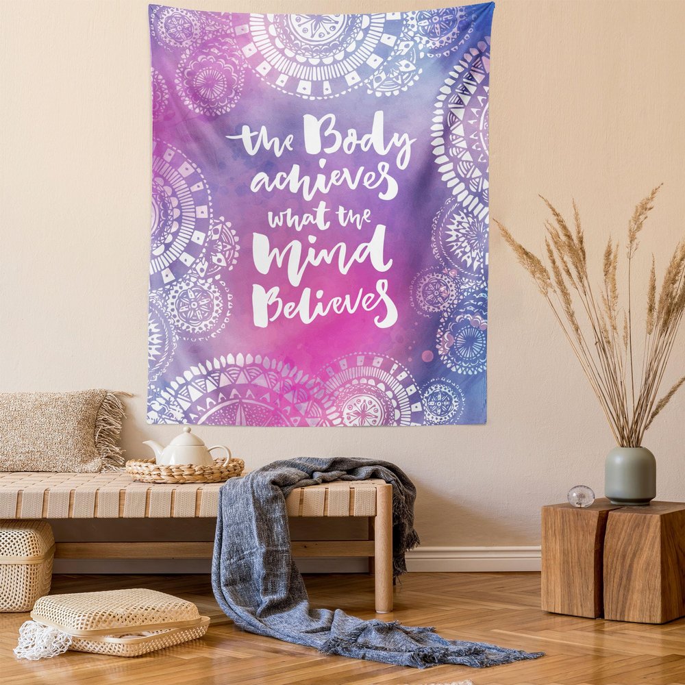 Lunarable Saying Tapestry Twin Size, Body Achieves What Mind Believes Message with Mandala Inspired Circles, Wall Hanging Bedspread Bed Cover Wall Decor, Twin Size, Lavender Pink