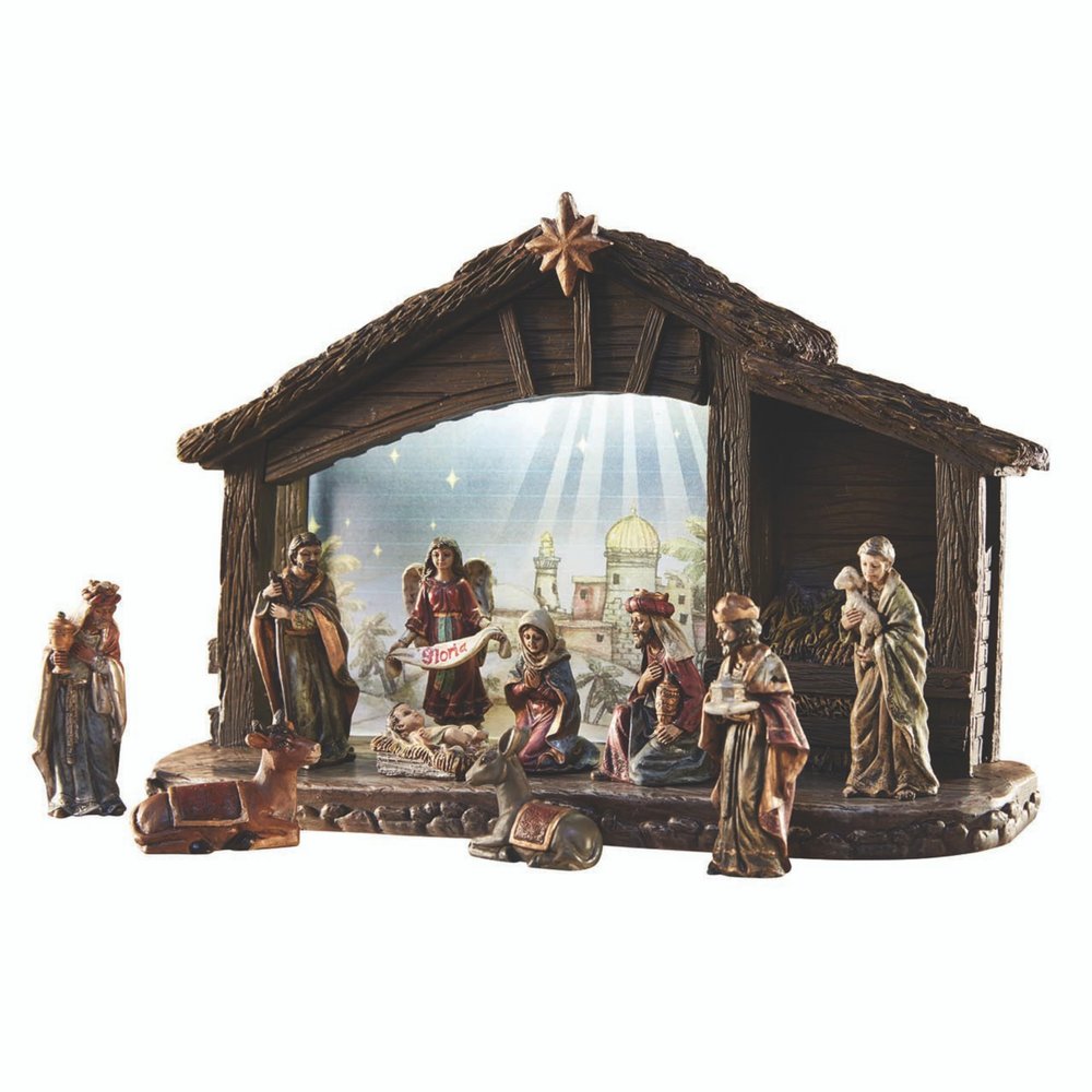 Avalon Gallery Nativity Sets for Christmas - LED Lighted Nativity Scene with Stable, 3-Inch Scale, 11-Piece