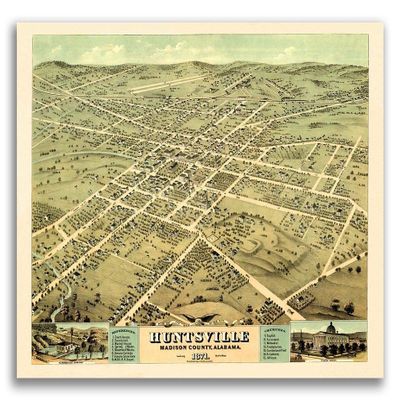 Magnet Bird's Eye View 1871 Huntsville AL Vintage Style City Map Magnet Vinyl Magnetic Sheet for Lockers, Cars, Signs, Refrigerator 5"