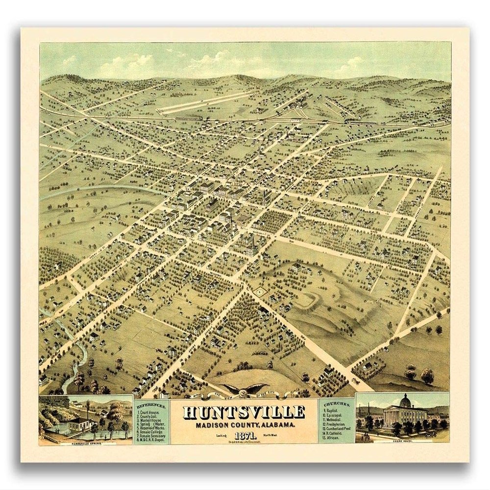 Magnet Bird's Eye View 1871 Huntsville AL Vintage Style City Map Magnet Vinyl Magnetic Sheet for Lockers, Cars, Signs, Refrigerator 5"