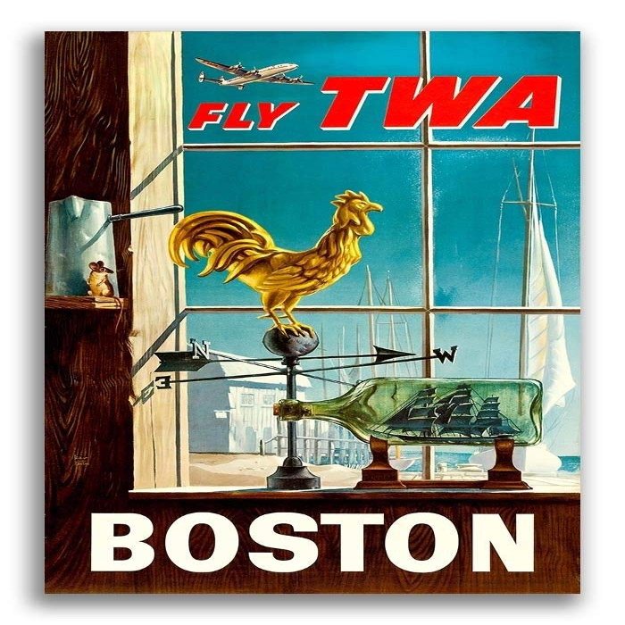 Magnet Boston Fly TWA 1950s Vintage Style Airline Travel Magnet Vinyl Magnetic Sheet for Lockers, Cars, Signs, Refrigerator 5"