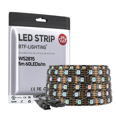 BTF-LIGHTING WS2815 (Upgraded WS2812B) LED Strip Light,UL Listed,16.4FT 300 LED/Pixels,Flexible Chasing RGB,Dual Signal Individually Addressable,5050SMD,3M Tape,DC12V IP65(No Adapter or Controller)