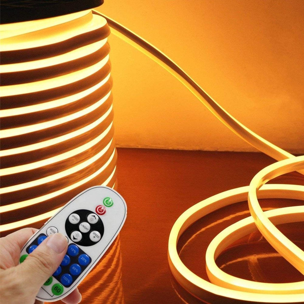 IEKOV LED NEON Light, AC 110-120V Flexible LED Neon Strip Lights, 120 LEDs/M, Waterproof 2835 SMD LED Rope Light + Controller Power Cord for Home Decoration (16.4ft/5m, Warm White)