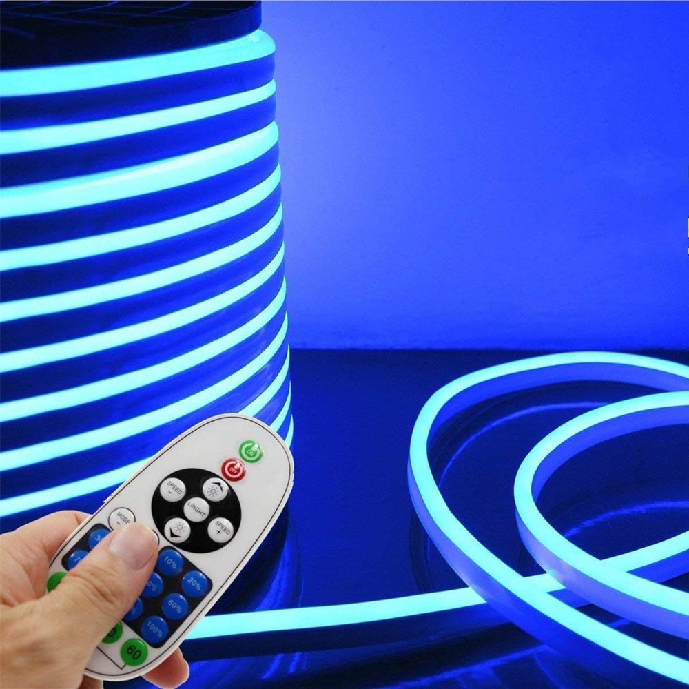 IEKOV LED NEON Light, AC 110-120V Flexible LED Neon Strip Lights, 120 LEDs/M, Dimmable, Waterproof 2835 SMD LED Rope Light + Remote Controller for Home Decoration (65.6ft/20m, Blue)