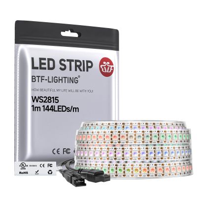 BTF-LIGHTING WS2815 (Upgraded WS2812B) LED Strip Light,UL Listed,3.2FT 144 LED/Pixels,Flexible Chasing RGB,Dual Signal Individually Addressable,5050SMD,3M Tape,DC12V IP67(No Adapter or Controller)