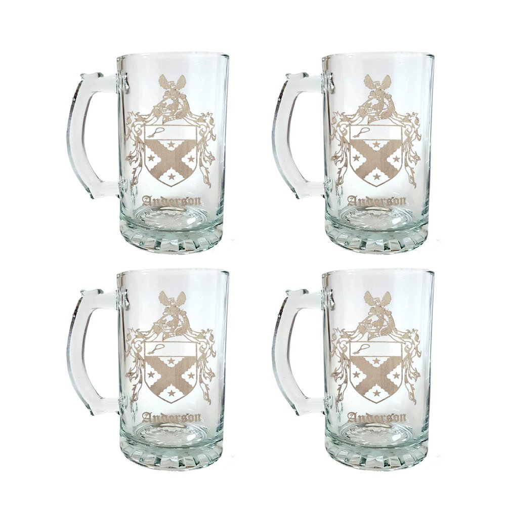 Anderson English Family Clan Crest 16oz Beer Stein Set of 4 - Personalized Heraldic Engraving