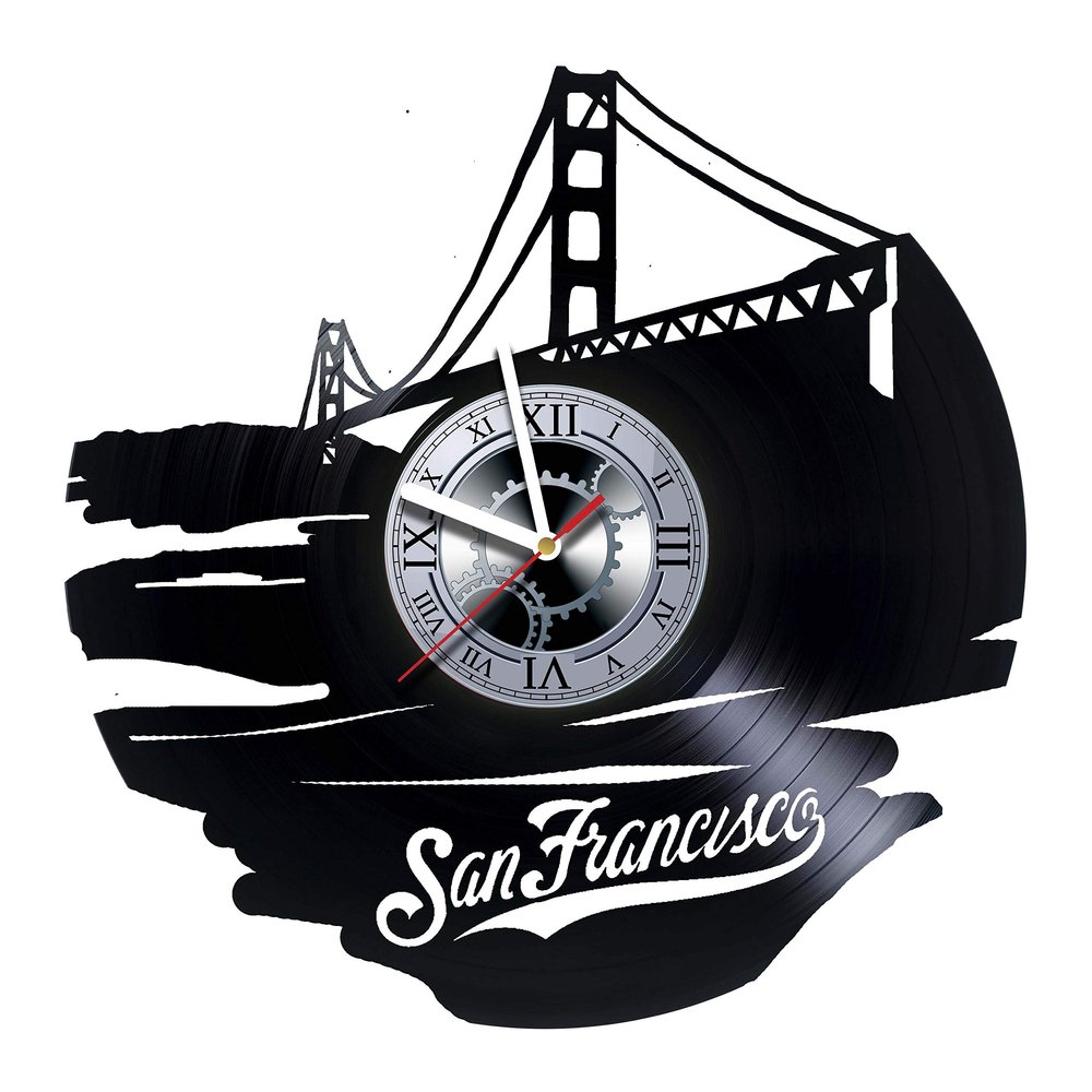 Vinyl Wall Clock SAN Francisco California Bridge - Made of Vinyl Record - Handmade - Unique Design - Gift Idea Christmas Birthday Anniversary Women Men Boyfriend Girlfriend Teens Friends