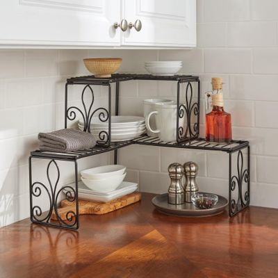 BrylaneHome Kitchen Scroll 2-Tier Corner Shelf Organizer - Black