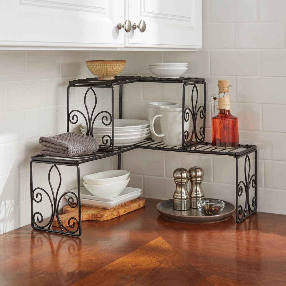 BrylaneHome Kitchen Scroll 2-Tier Corner Shelf Organizer - Black