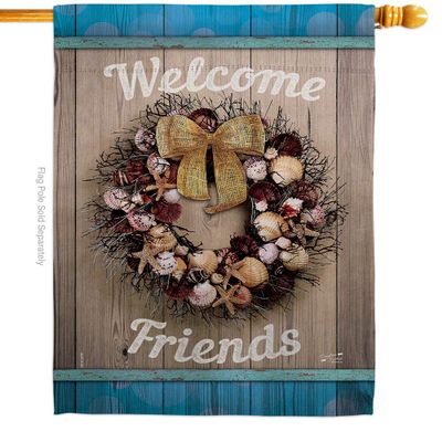 Welcome Breeze Wreath House Flag Coastal Nautical Anchor Sailor Sea Shells Outdoor Summer Ocean Small Decorative Gift Yard Banner Double-Sided Made In USA 28 X 40