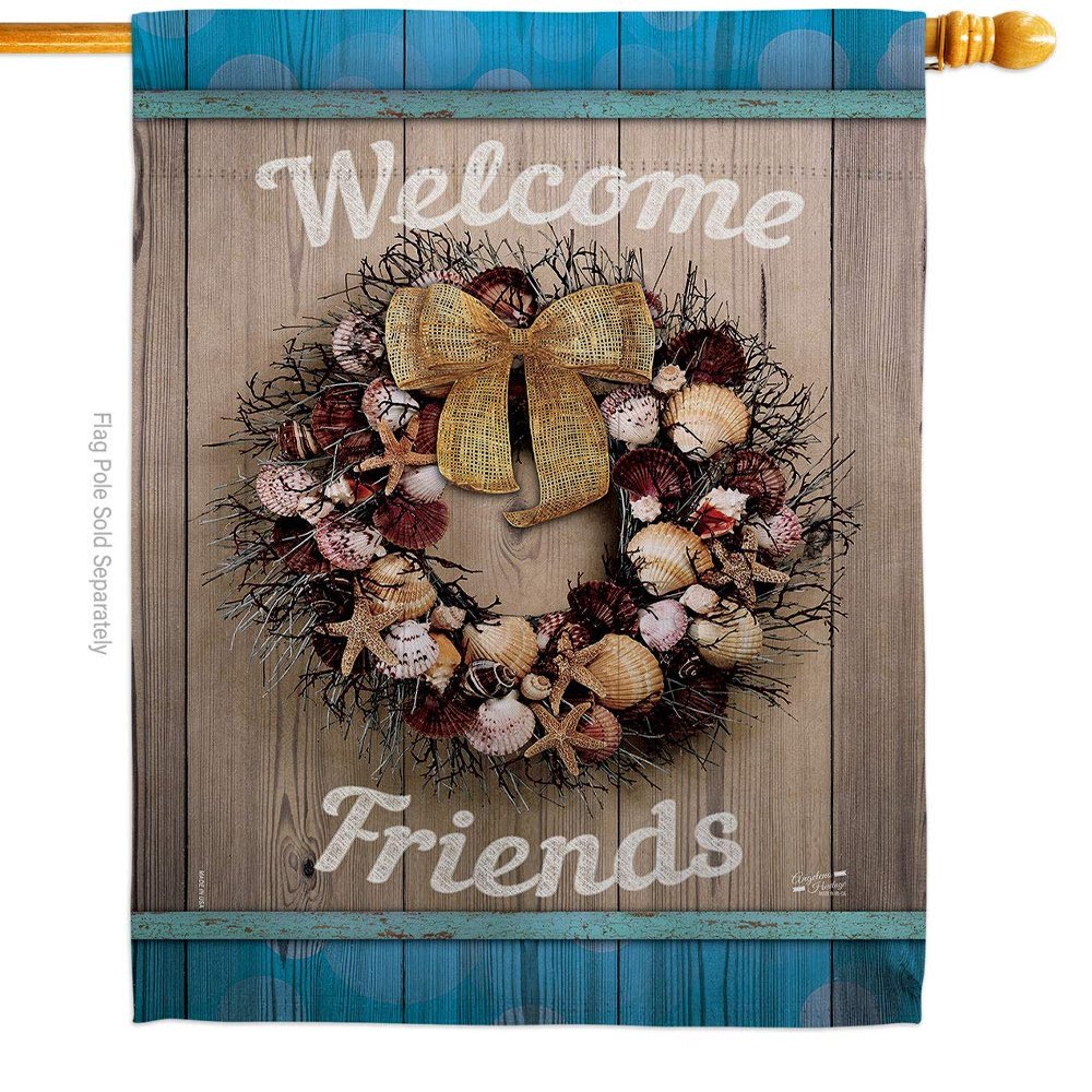 Welcome Breeze Wreath House Flag Coastal Nautical Anchor Sailor Sea Shells Outdoor Summer Ocean Small Decorative Gift Yard Banner Double-Sided Made In USA 28 X 40