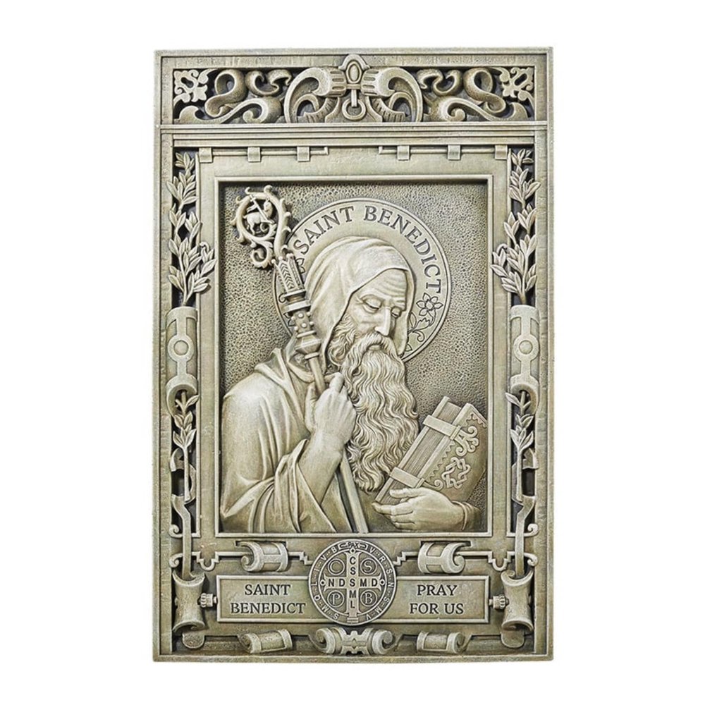 Avalon Gallery Saint Benedict Garden Wall Plaque, Stone Resin Religious Dcor, 15.5" Tall x 10" Wide x 1" Deep