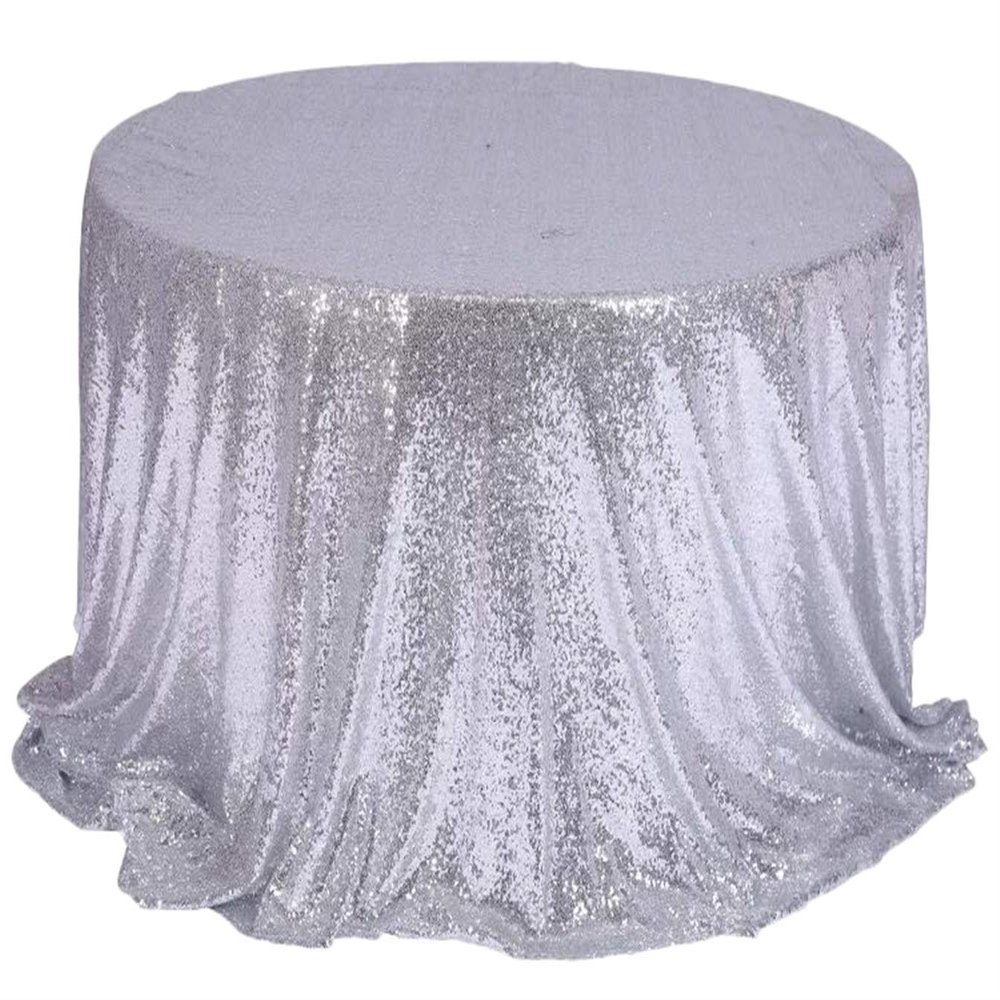 Liveinu Sparkle Glitz Sequin Tablecloth Party Table Cover Table Runner for Wedding Cake Dessert Table Exhibition Events Table Linens Round 128" Inch Silver