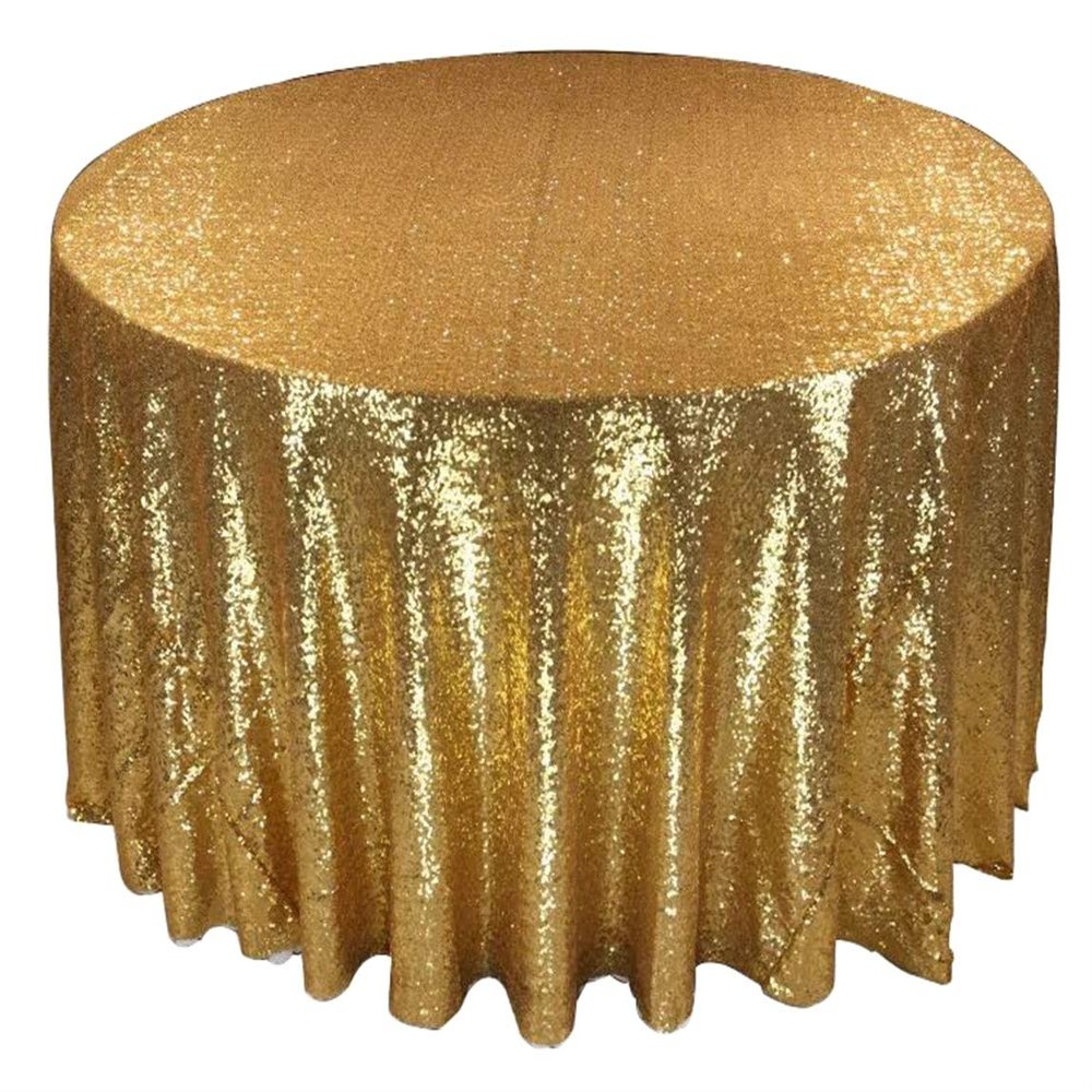 Liveinu Sparkle Glitz Sequin Tablecloth Party Table Cover Table Runner for Wedding Cake Dessert Table Exhibition Events Table Linens Round 128" Inch Gold
