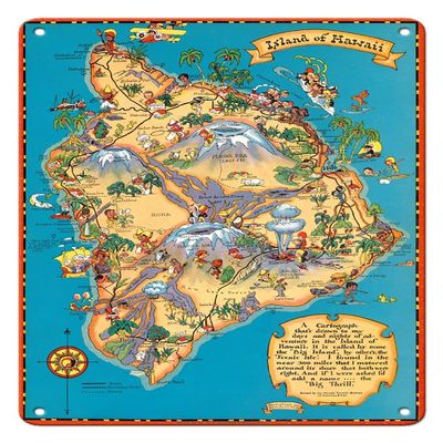 Hawaiian Island of Hawaii (Big Island) Map - Hawaii Tourist Bureau - Vintage Map by Ruth Taylor White c.1941-8 x 12 inch Vintage Metal Tin Sign