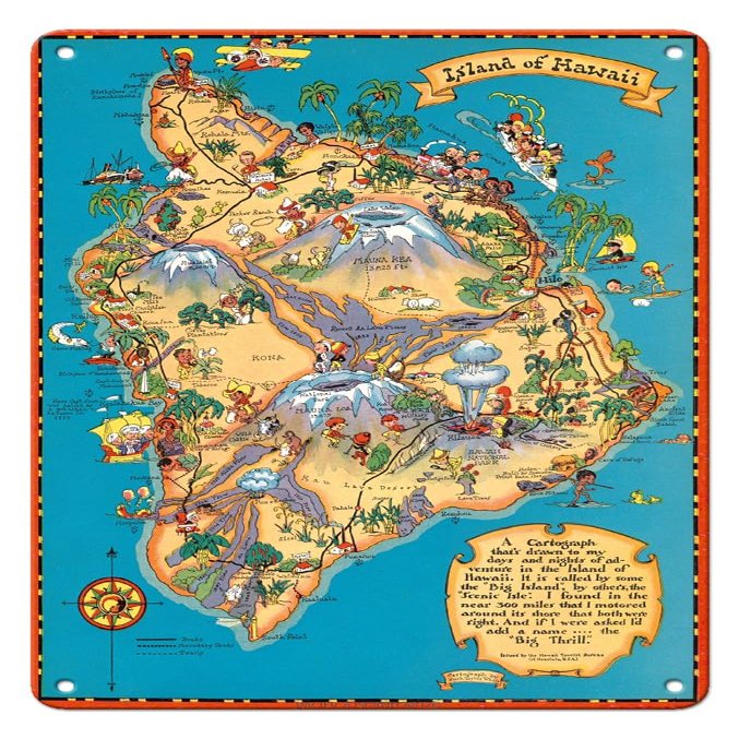 Hawaiian Island of Hawaii (Big Island) Map - Hawaii Tourist Bureau - Vintage Map by Ruth Taylor White c.1941-8 x 12 inch Vintage Metal Tin Sign