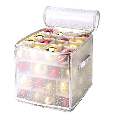Simplify 64-Count Ornament Organizer | Christmas | Carry Handle | Zipper | Dividers | Transparent | Holiday | Storage | Lid | Silver |