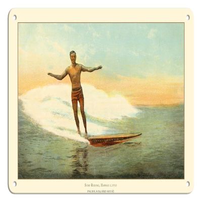 Pacifica Island Art Surf Riding Hawaii - Vintage Hawaiian Color Postcard c.1910-8 x 12 inch Vintage Metal Tin Sign
