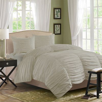 H&H Decor 3 Pcs Gathered Duvet Cover Set Solid Pattern 100% Egyptian Cotton Quilt Cover Set 600 TC Size California King ColorIvory