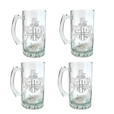 Lewis English Family Coat of Arms Beer Stein Set of 4, 16 oz  Personalized Heraldic Engraving