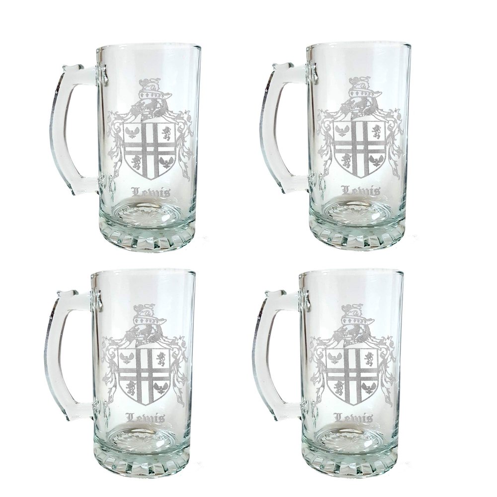 Lewis English Family Coat of Arms Beer Stein Set of 4, 16 oz  Personalized Heraldic Engraving