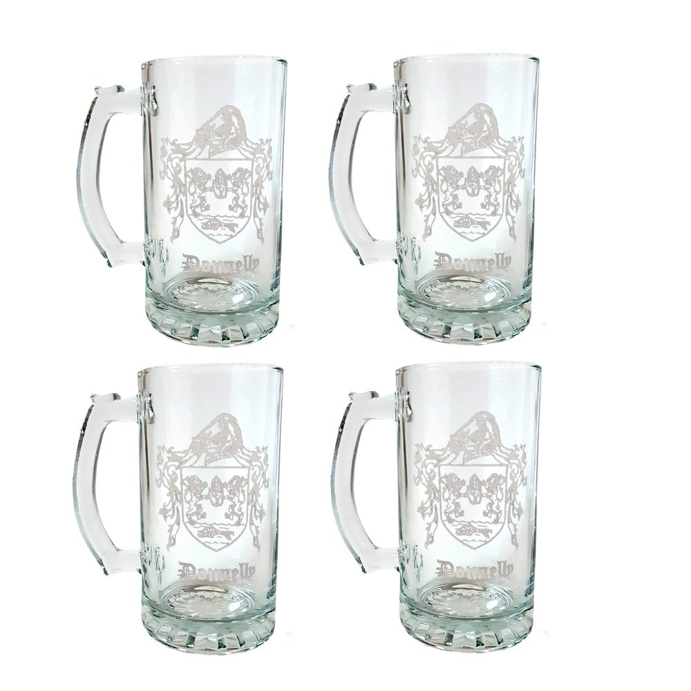 Donnelly Irish Family Coat of Arms 16oz Beer Stein Set of 4  Personalized Engraved Glassware, Celtic Heritage Gift
