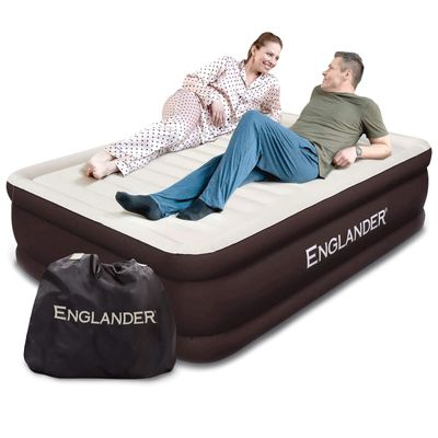 Englander First Ever Microfiber Air Mattress, Microfiber Airbed with Built in Pump Queen Brown/Cream Top