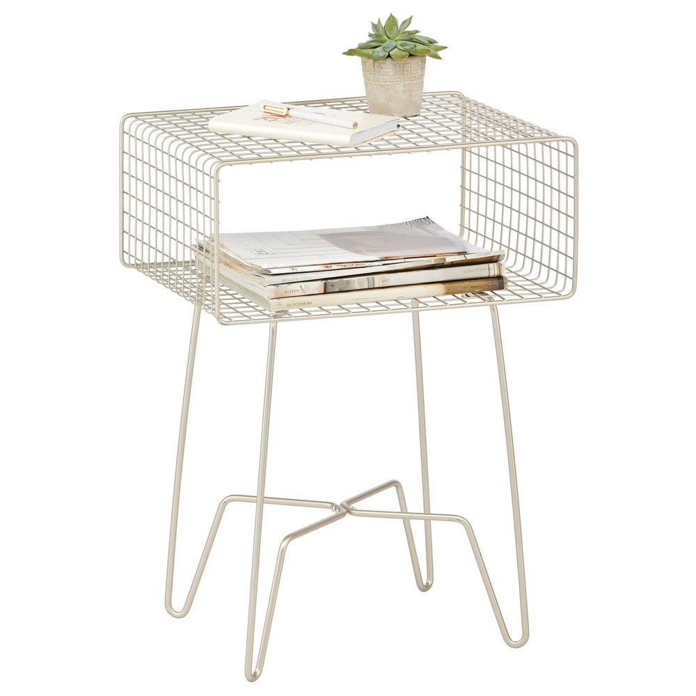 mDesign Modern Industrial Side Table with Storage Shelf, 2-Tier Metal Minimal End Table, Metallic Caged Grid - Accent Furniture for Living Room, Bedroom, Office, Dorm, Concerto Collection, Satin