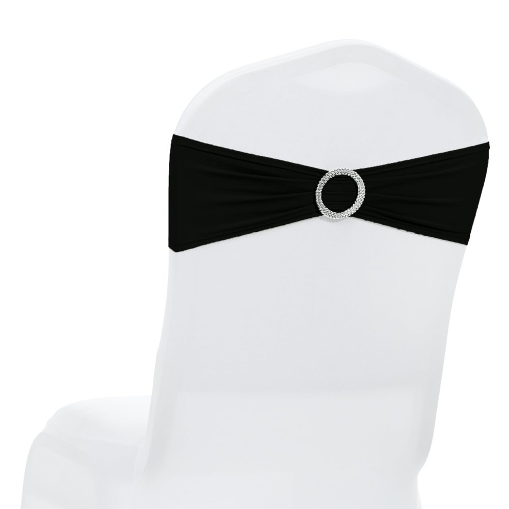 MDS Pack of 75 Spandex Chair Sashes Bow Premium Stretch Chair Cover Band with Buckle Slider Universal fits Elastic Dining Chair Ties for Wedding Party Banquet Events Decoration - Black