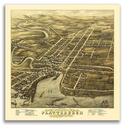 Magnet 1877 Plattsburgh New York Vintage Old Panoramic NY City Map Magnet Vinyl Magnetic Sheet for Lockers, Cars, Signs, Refrigerator 5"