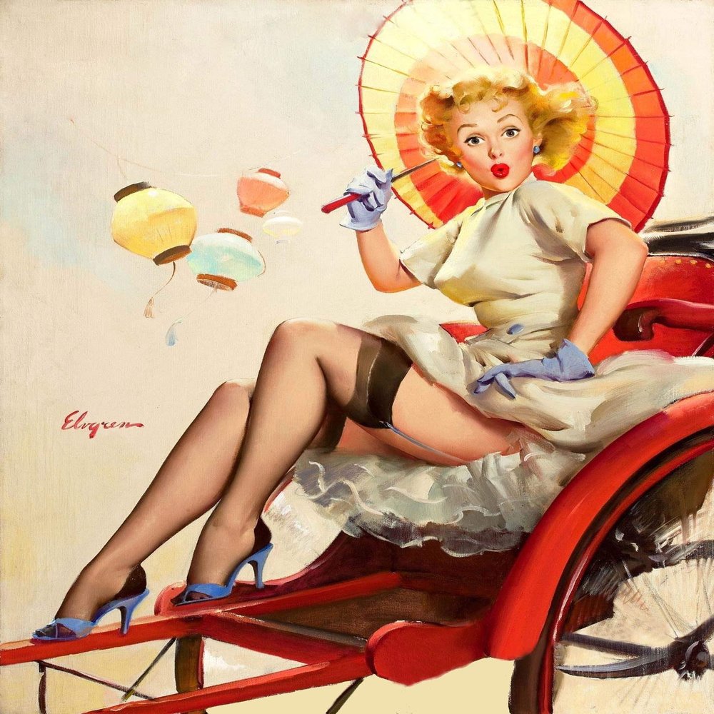 Magnet 1950's Elvgren Pin-Up Something Bothering You? Rickshaw Magnet Vinyl Magnetic Sheet for Lockers, Cars, Signs, Refrigerator 5"