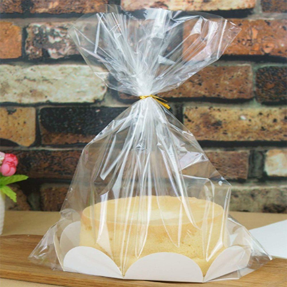 Mistari Clear Plastic Bake Bags Cellophane Treat Bags for Toast Bread Cookie Candy Cake Bakery Gift Packaging, 8 Cake Tray and Gold Ribbon (20 Pack)