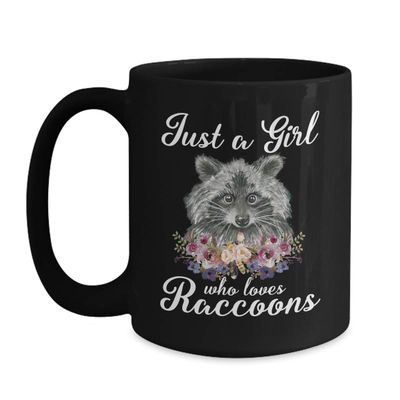 BeeTeeStore Just A Girl Who Loves Raccoons Coffee Mug - Stylish Floral Animal Lover Gift for Women & Raccoon Moms - 15oz Black Ceramic Tea Cup for Birthdays & Mother's Day