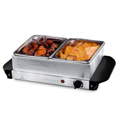 OVENTE Electric Buffet Server & Food Warmer with Two 1.5 Qt Stainless Steel Chafing Dishes, Adjustable Temperature Control  Warming Tray for Parties, Dinners & Events, Silver FW152S