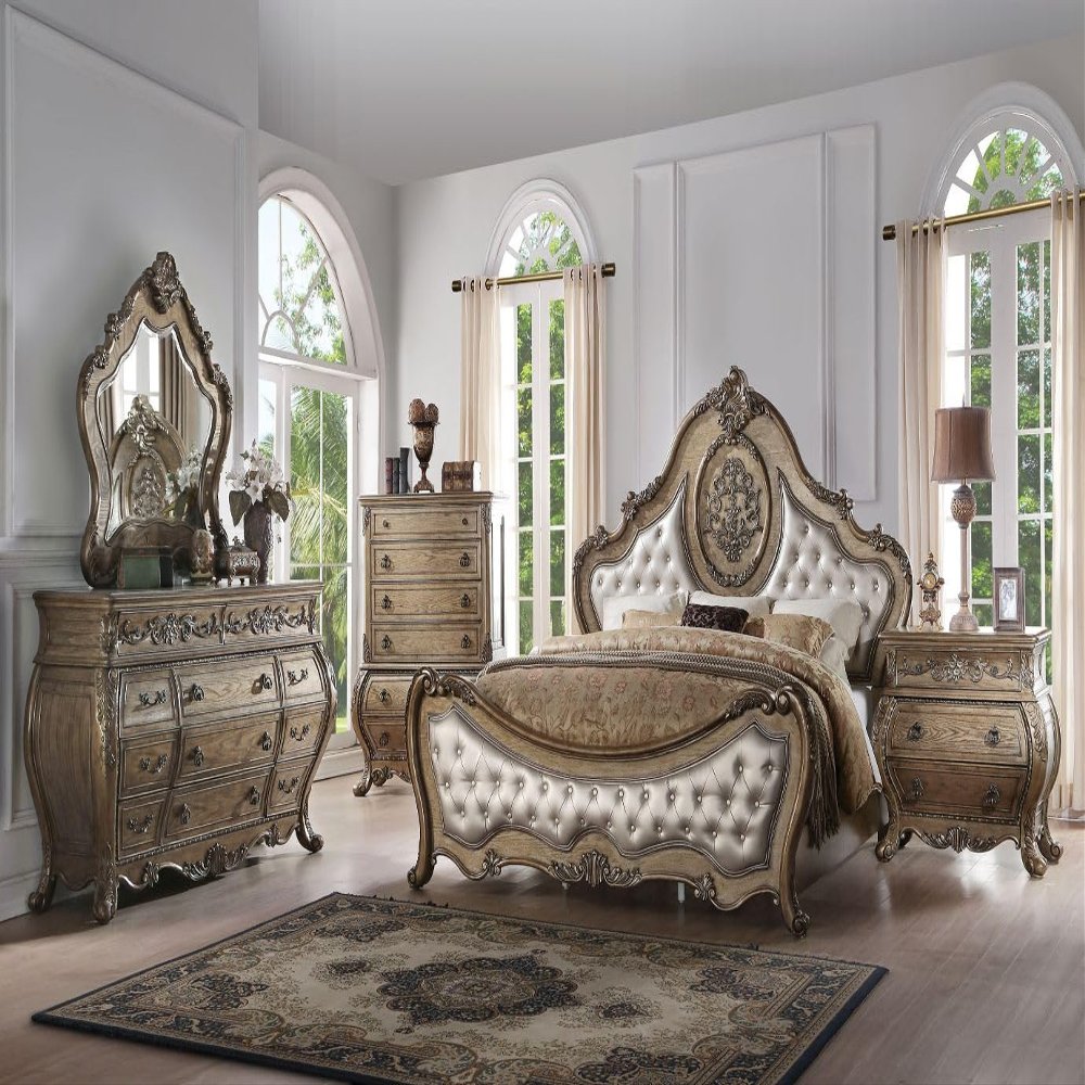 Acme Ragenardus Queen Bed in Synthetic Leather & Vintage Oak