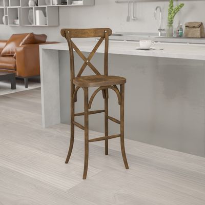 EMMA + OLIVER Dark Antique Wood Cross Back Barstool
