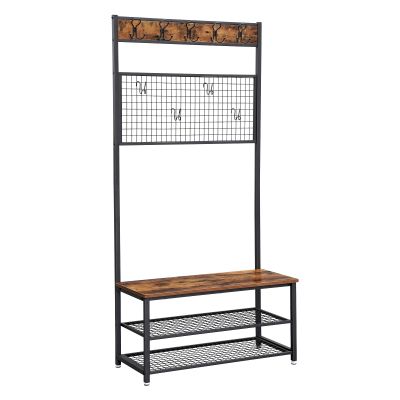 VASAGLE Industrial Coat Rack Stand, Shoe Rack Bench with Grid Memo Board, 9 Hooks and Storage Shelves, Hall Tree with Stable Metal Frame, Rustic Brown UHSR46BX