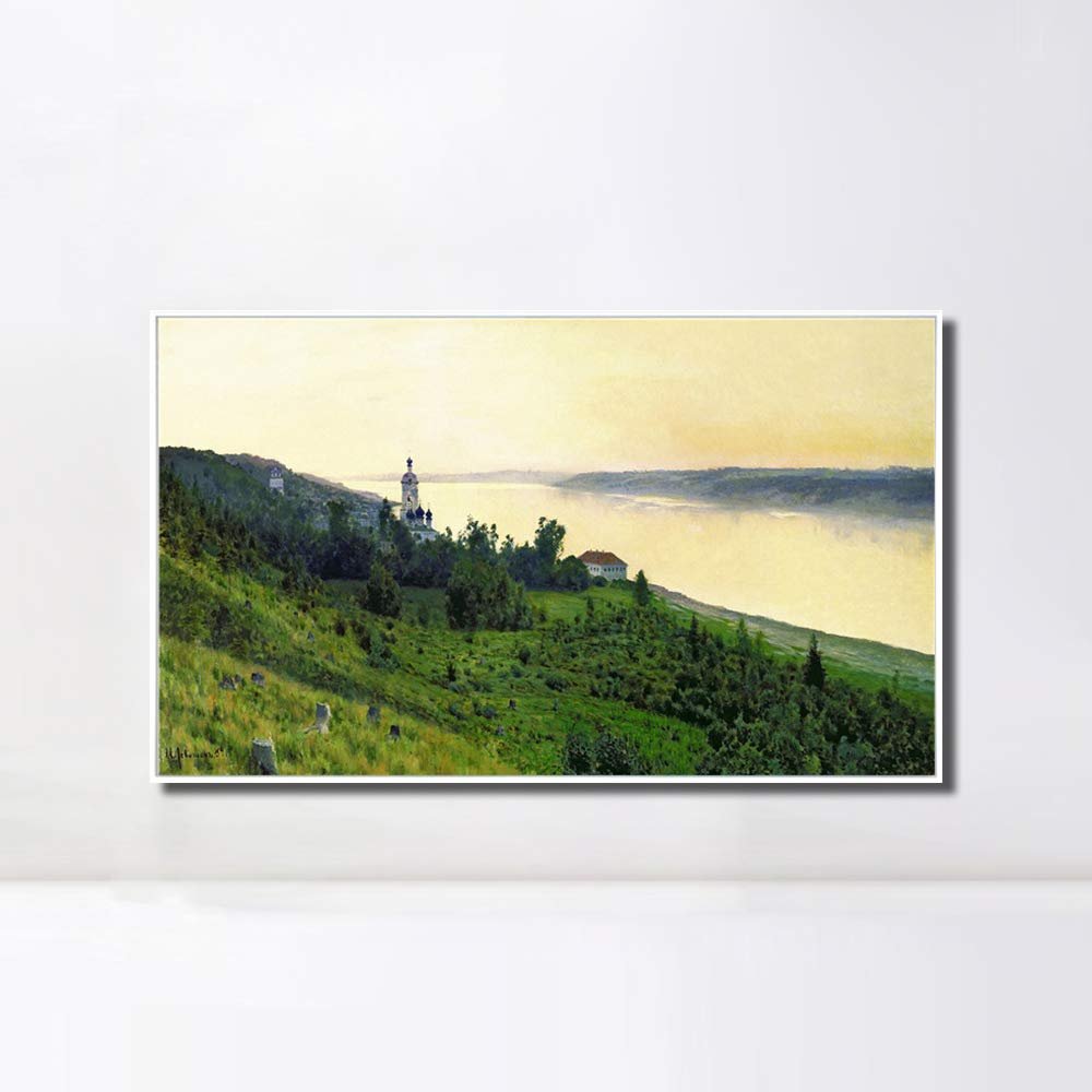 INVIN ART Framed Canvas Giclee Print Evening Golden Plyos by Isaac Levitan Wall Art Living Room Home Office Decorations(White Slim Frame,20"x28")