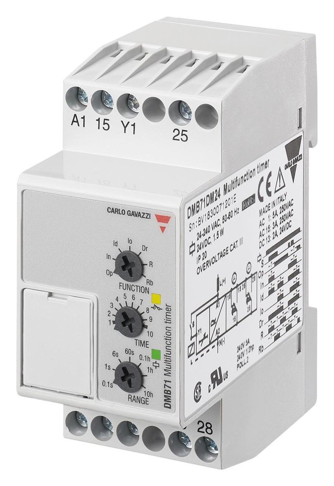 CARLO GAVAZZI DMB71DM24 24-240VAC, 7 Mode, Automatic OR Manual Start, DIN Rail Mount, DMB Series, Multifunction, Selectable TIME Range 0.1 S to 100 H, Timer