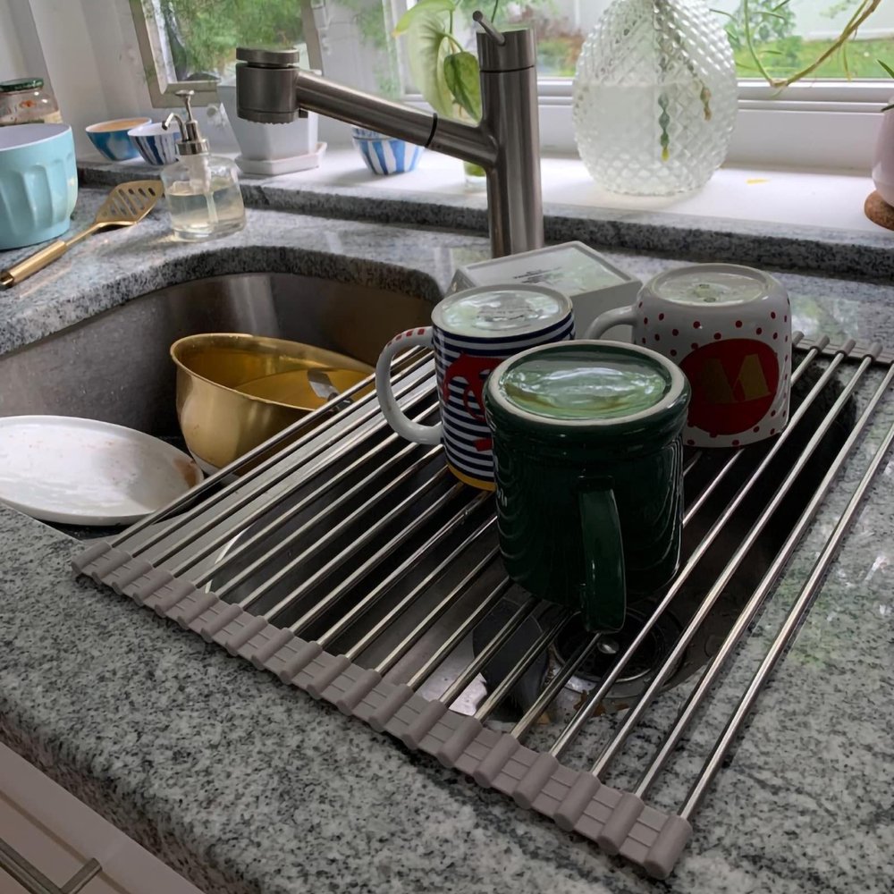 Ahyuan Roll up Dish Drying Rack Over The Sink Kitchen Roll up Sink Drying Rack Stainless Still Portable Drainer Foldable Dish Rack (Warm Gray, 17.8''X13.5'')
