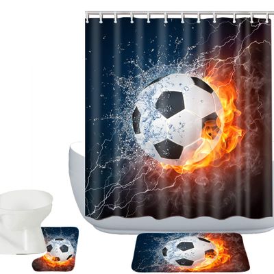 Amagical Football Ball on Fire and Water Design 3 Piece Bathroom Mat Set Shower Curtain Set Non Slip Dirtproof Bath Mat Contour Mat Waterproof Shower Curtain with 12 Hooks