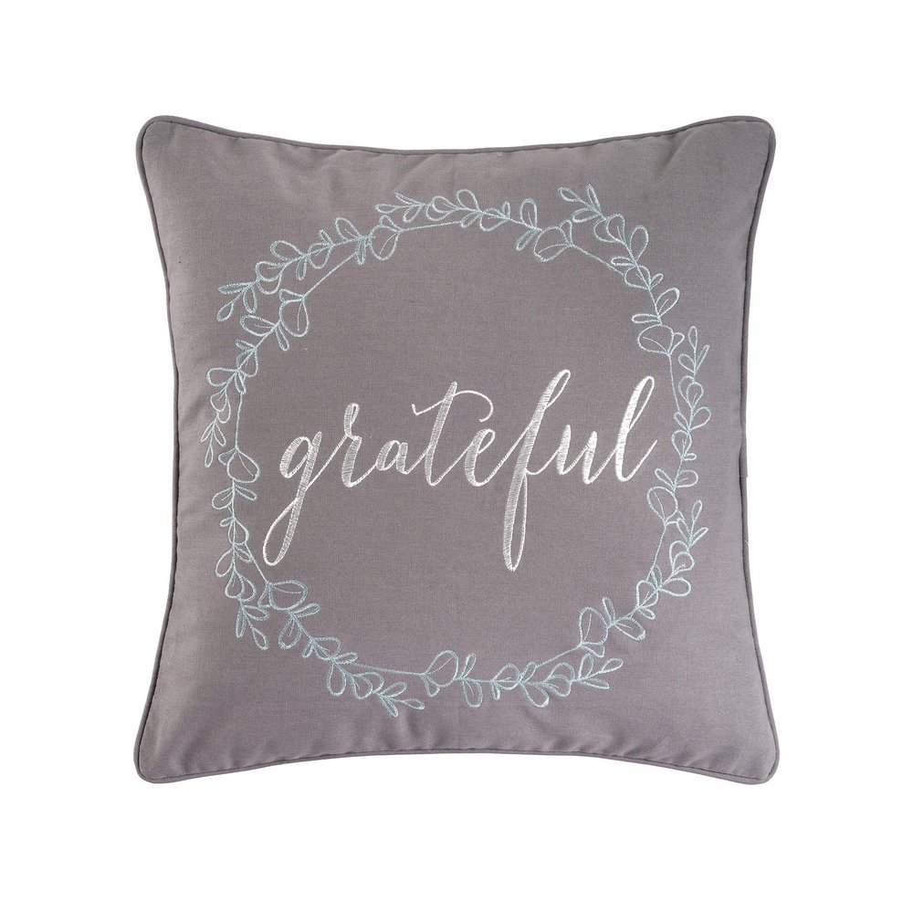 C&F Home "Grateful Cursive Wreath Embroidered 100% Cotton Accent Throw Pillow 18" x 18" Autumn Fall Harvest Thanksgiving Home Living Room Couch Sofa Chair Bed Bedroom Zipper Closure Decor Decoration