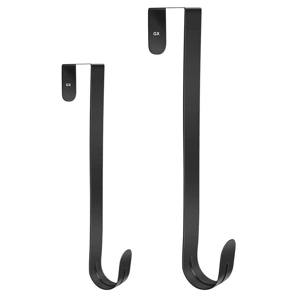 GameXcel 12" + 15" Wreath Hanger for Front Door - Large Wreath Metal Hook for Christmas Wreath Over The Door Hangers - 2 Pcs Black