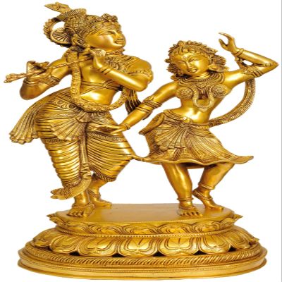 Exotic India Large Size Dancing Radha-Krishna - Brass Statue - Color Gold Color