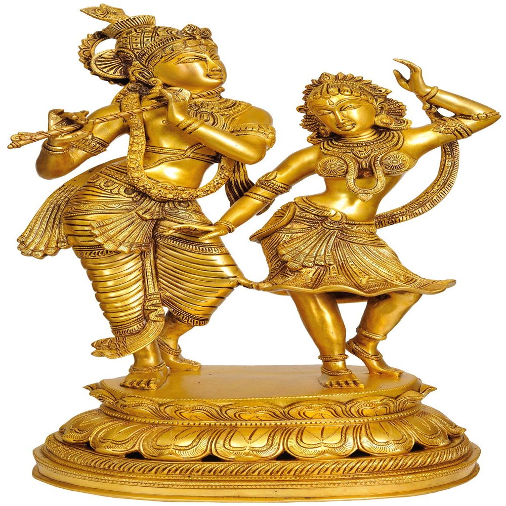 Exotic India Large Size Dancing Radha-Krishna - Brass Statue - Color Gold Color