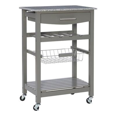 Riverbay Furniture Granite Top Pine Wood Rolling Kitchen Island Microwave Cart on Wheels with Storage in Gray