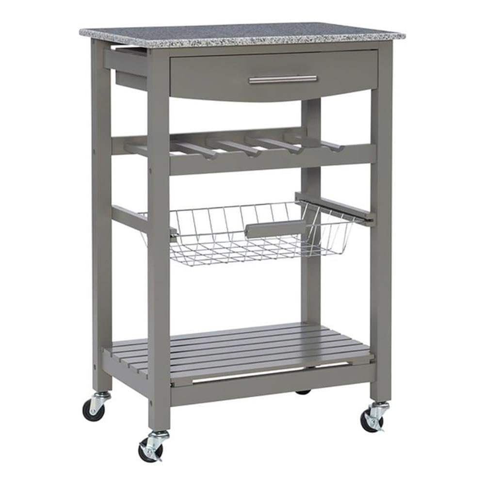 Riverbay Furniture Granite Top Pine Wood Rolling Kitchen Island Microwave Cart on Wheels with Storage in Gray